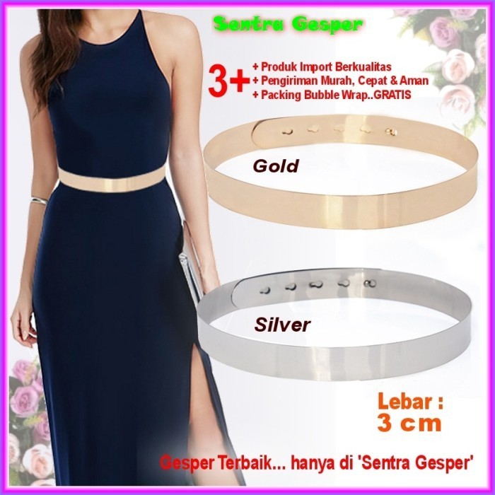 Gesper Ikat Pinggang Wanita Belt Plat GOLD Fashion Sabuk Women 3 cewek - Gold / Emas