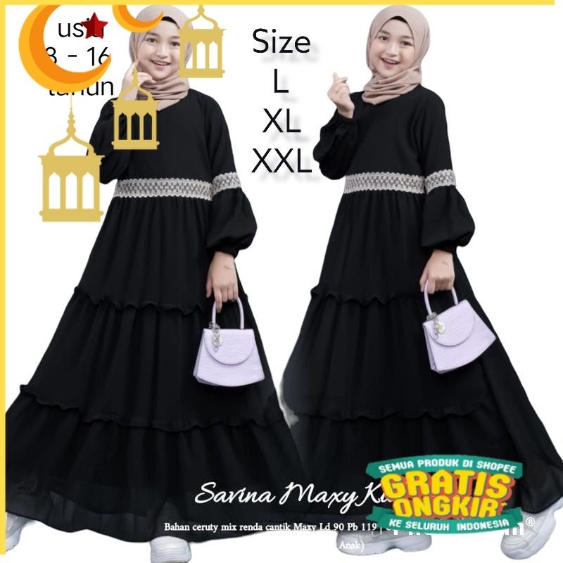 INVINOV - Baju gamis anak dan tanggung usia 8-16 tahun bahan ceruty bebidol mix renda full puring/Ma