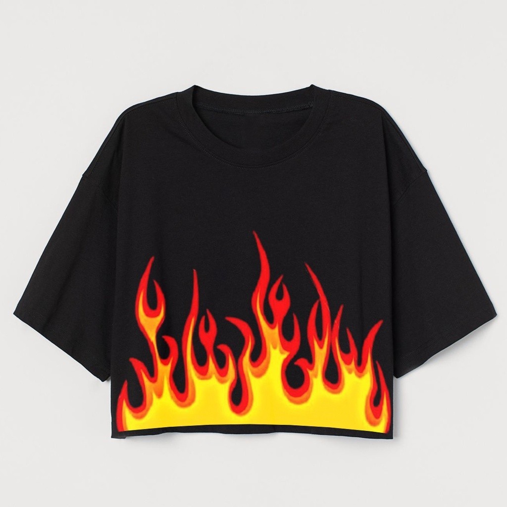 CROP TEE MOTIF API | KAOS BAJU CROP TOP FIRE KOREA STREETWEAR OVERSIZE HITAM WANITA | CROPTEE WOMAN
