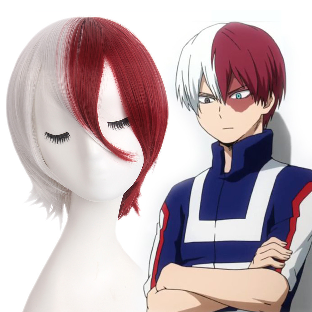 Wig Cosplay Anime mudah Todoroki Shouto My Hero Academia Wig pria Cosplay pesta Wig putih