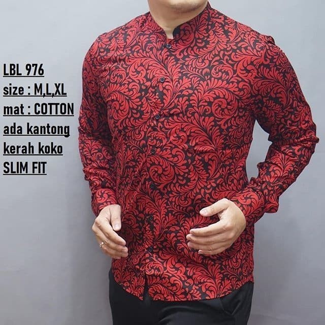 KEMEJA BATIK PRIA SLIM FIT MERAH / BAJU BATIK PRIA SHANGHAI LBL976