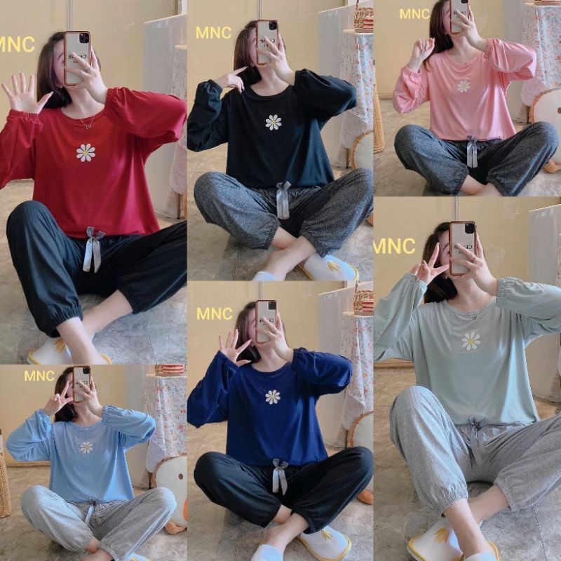 SETELAN SETCEL ONE SET PIYAMA BAJU TIDUR SLEEPWEAR RIB WANITA DEWASA PP SPANDEK IMPORT LENGAN PANJAN