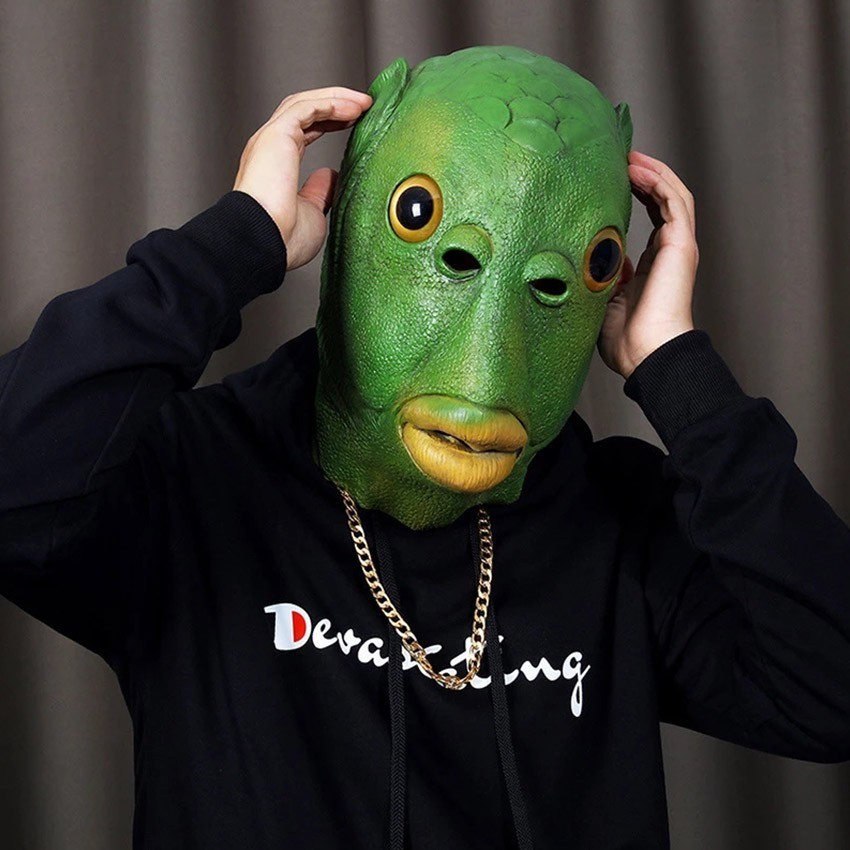 Mainan Topeng Cosplay Lucu Halloween Bentuk Kepala Ikan Warna Hijau Bahan Latex Topeng Pesta