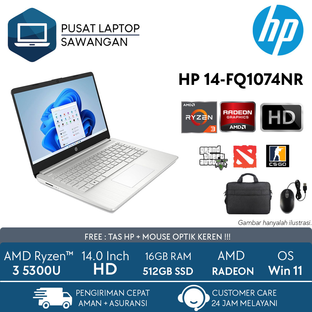 Laptop HP 14 Ryzen 3 5300u ram 16gb ssd 512gb win11 touchscreen terlaris