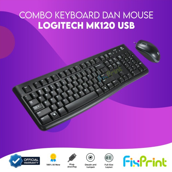 FixPrint Keyboard Logitech K120 Kabel USB Combo Keyboard Plus Mouse MK120 Wired Bergaransi Original