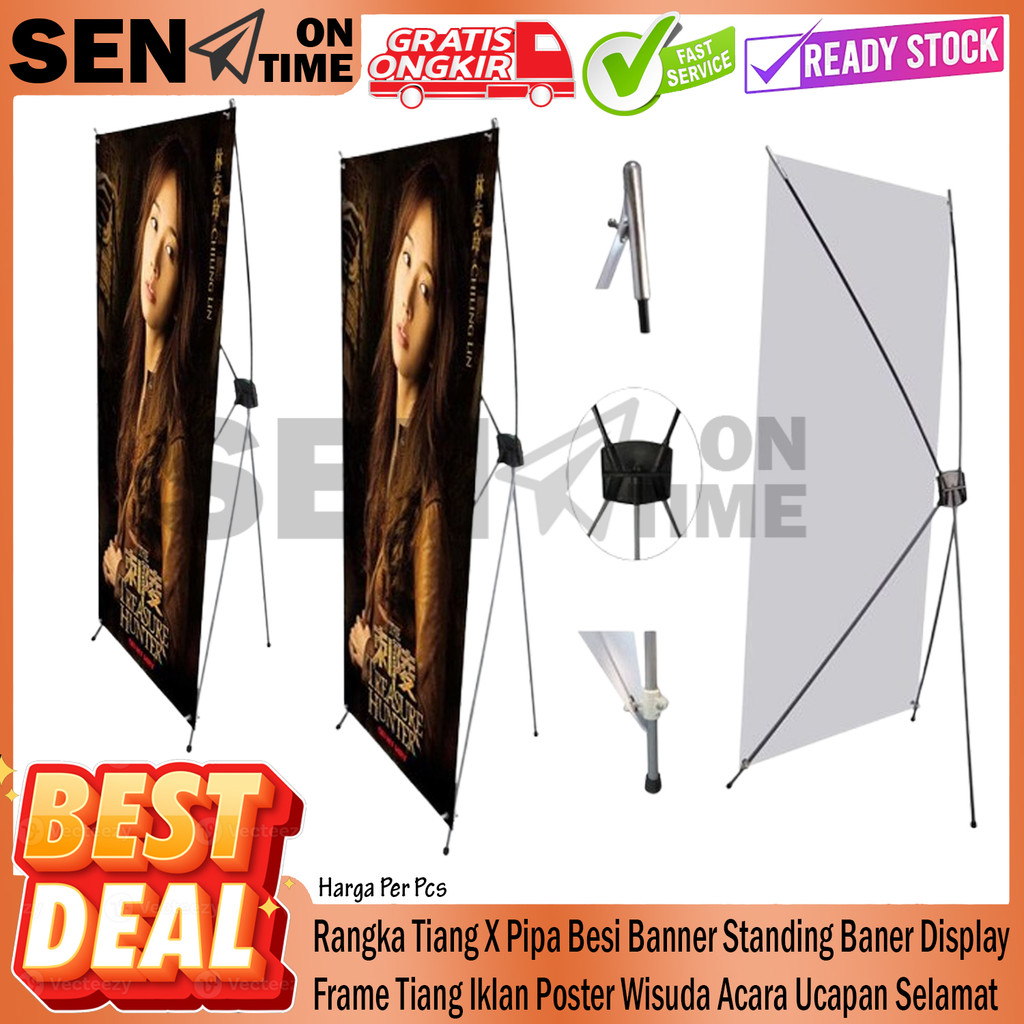 Rangka Tiang Standing Stand Baner 160 x 60 Ex Pipa X Banner Besi Metal Fiber Hitam Itam Display Fram