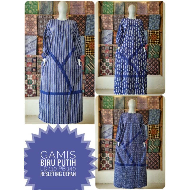 Gamis Biru Putih List Ld 110 120 Pb 140 Jumbo Busui Saku Samping Rayon Premium Candi Mekar XXL XXXL 