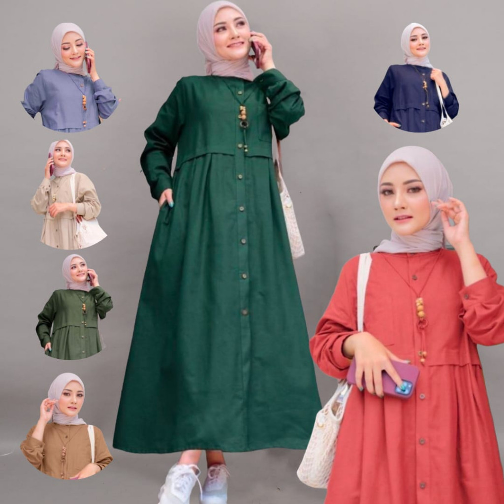 Midi Dress Polos Gamis Wanita Outfit Remaja ABG Bahan Katun Linen Rami Kancing Aktif Bisa Untuk Busu
