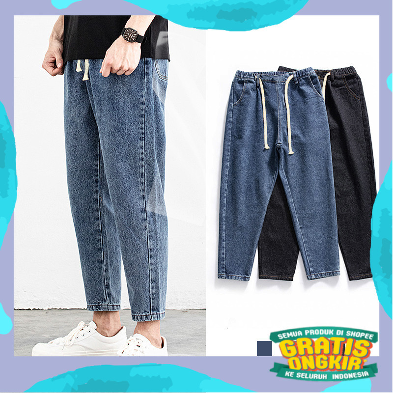 Baggy pants cowok Celana jeans pria korean style celana gombrong pria loose jeans pinggang elastis k