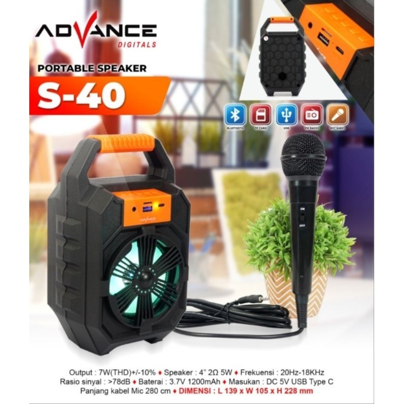 ADVANCE SPEAKER PORTABLE BLUETOOTH S-40 BONUS MIC