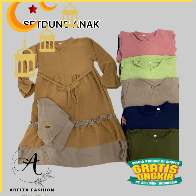 Gamis Anak Crinkle Airflow Polos Set Hijab/Maron merah bata red anak tanggng