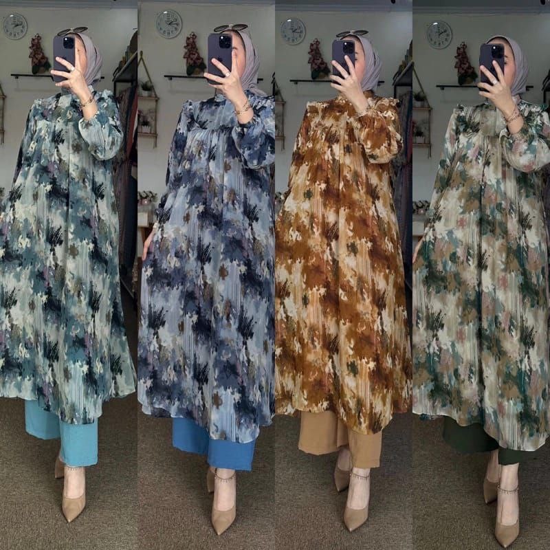 Alena Flow Set Long Tunik  - One Set Wanita Long Tunik Ceruty Babydoll Premium Setelan Wanita Kekini