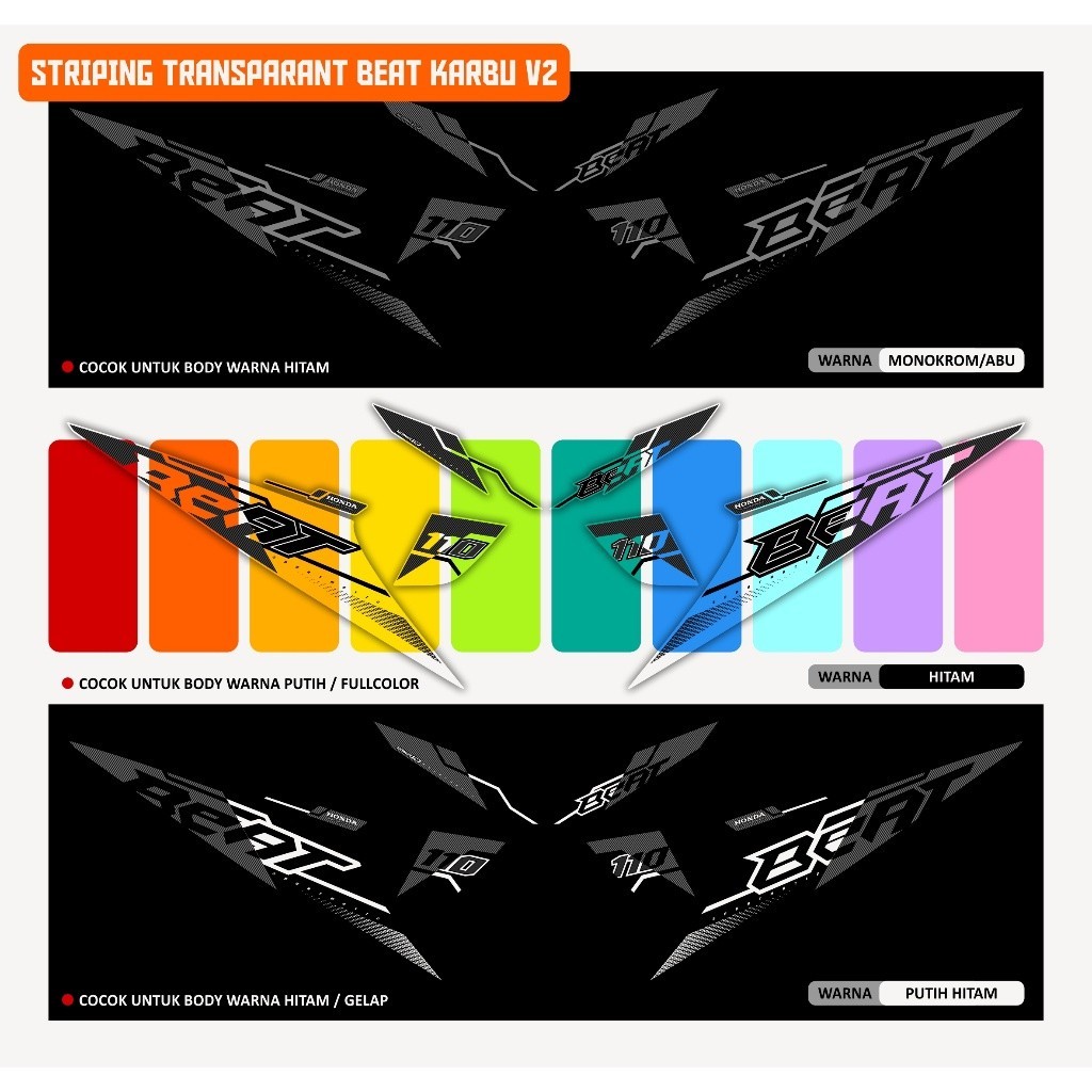 STRIPING TRANSPARAN BEAT KARBU V2 2008 2009 2010 2011 2012 STICKER STIKER SKOTLET MOTOR BEAT KARBU R