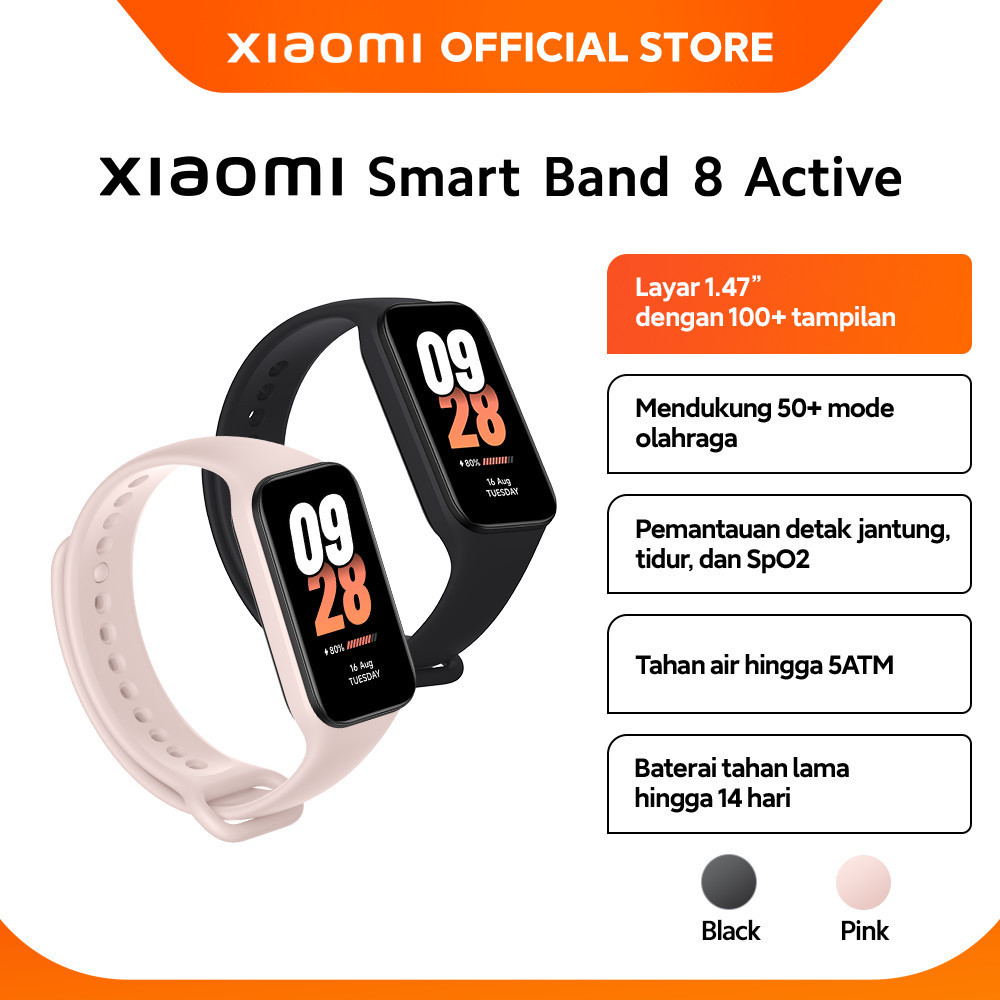 Official Xiaomi Smart Band 8 Active| Layar Terang 1.47" Baterai Tahan Lama Pemantauan Tidur dan Detak Jantung