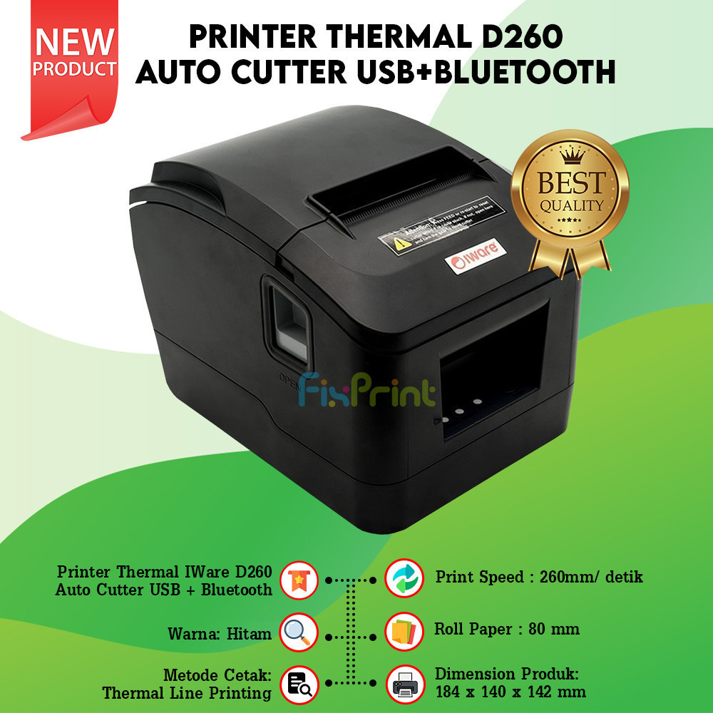 Printer Mini Thermal D260 Roll Paper ukuran 80mm IWare Printer Mini Kasir Cetak Label Resi USB Bluet