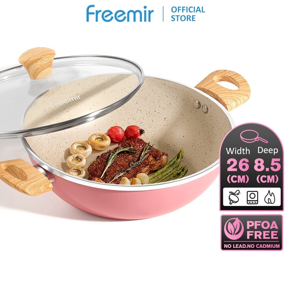 freemir Gagang Kayu 26cm penggorengan anti lengket/Panci Wok Pan/Panci sup 8.5cm Wajan Anti Lengket 