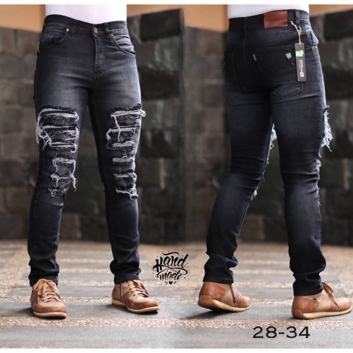 Celana Jeans Pria Slim Fit Stretch Sobek - Hitam, 28