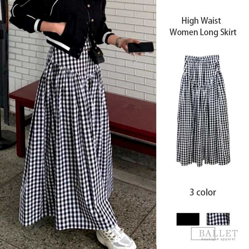 Rok Kotak-kotak Hitam Putih  Rok Panjang Wanita  Rok Pinggang Tinggi Rasa Desain BB