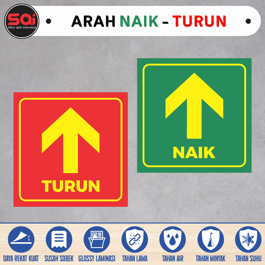 

stiker vinyl anti air/ waterproof PANAH TULISAN NAIK TURUN TANGGA PENANDA JALAN laminasi glossy