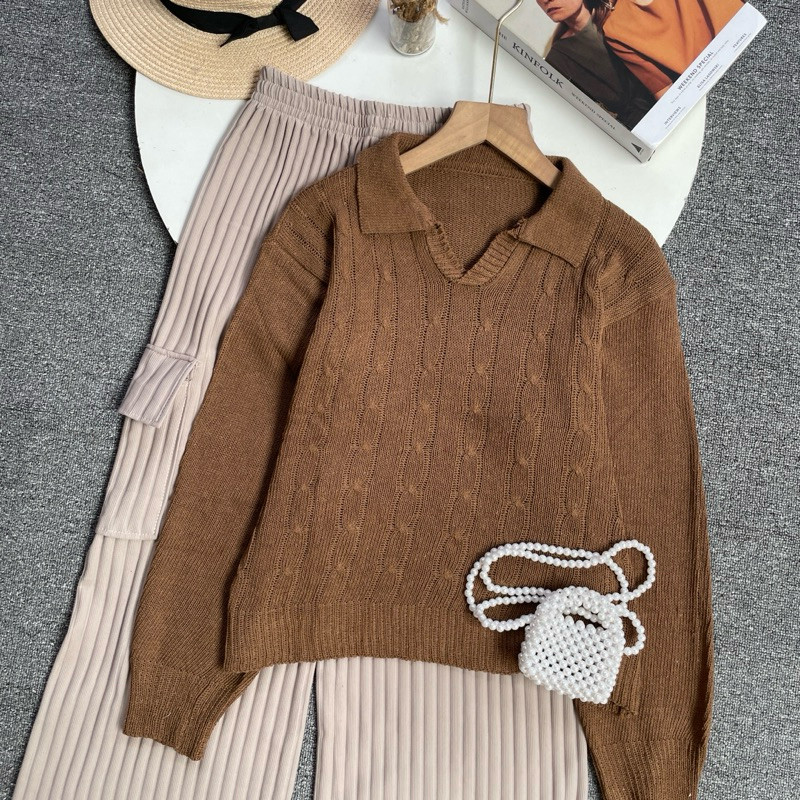 ONE SET SWEATER CABLE RAJUT KOREAN STYLE SETELAN OOTD OUTFIT WANITA CEWEK REMAJA BAJU ATASAN CELANA 