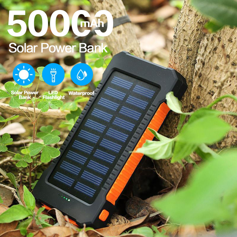 50000mAh power bank awet tahan lama Solar Power Bank Charger USB Ports Powerbank External Charger Fl