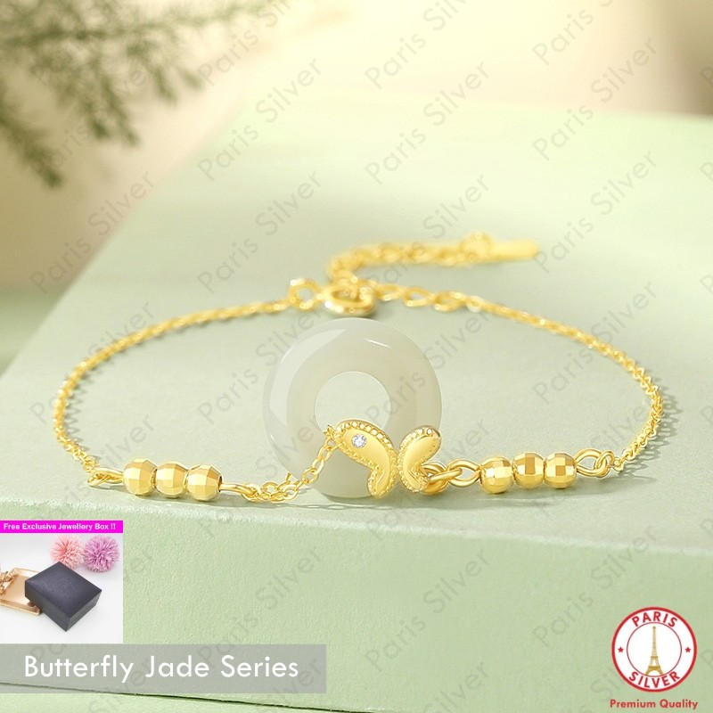 Gelang dan Kalung Batu Giok Motif Kupu-Kupu Perak Asli 925 Lapis Emas Kuning 18K Wanita