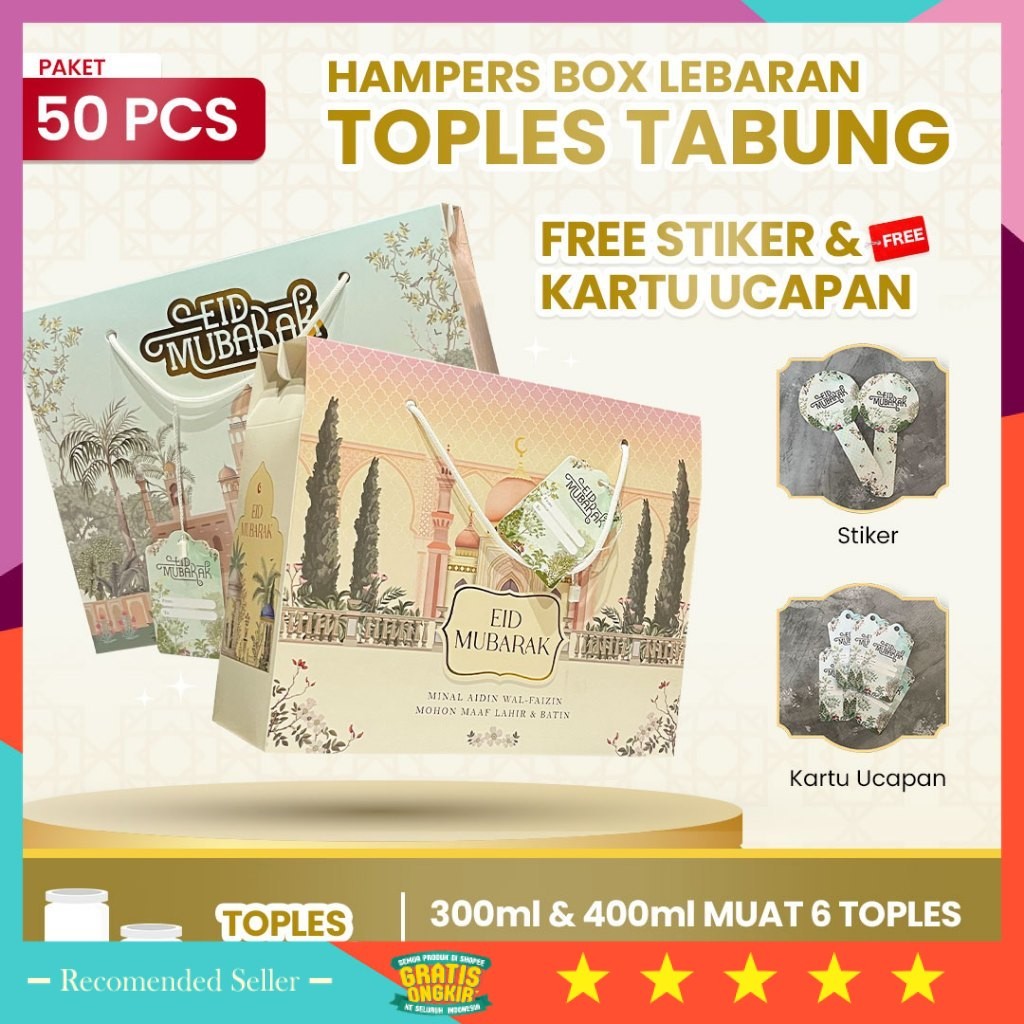 

Hampers Wedding Anniversary Wisuda Keren Unik / 50pcs Gable Box kotak hampers Lebaran idul fitri Tali jinjing/Box Hampers besar toples tabung Kue Kering Idul Fitri / estetik finishing foil (Paket 50pcs) muat toples tabung (300ml, 400ml : 6 toples) atau (5
