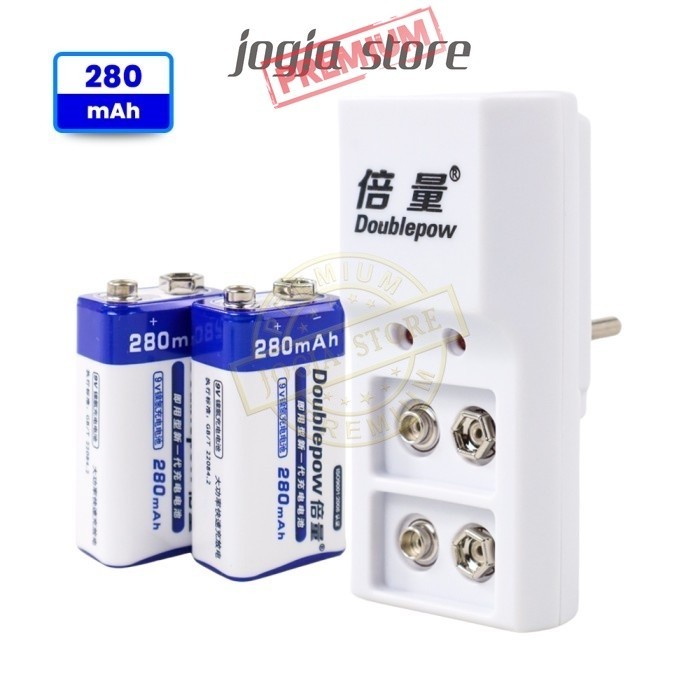 Charger Baterai Kotak 9V + Baterai Kotak 9V 280mAh Cas Rechargeable