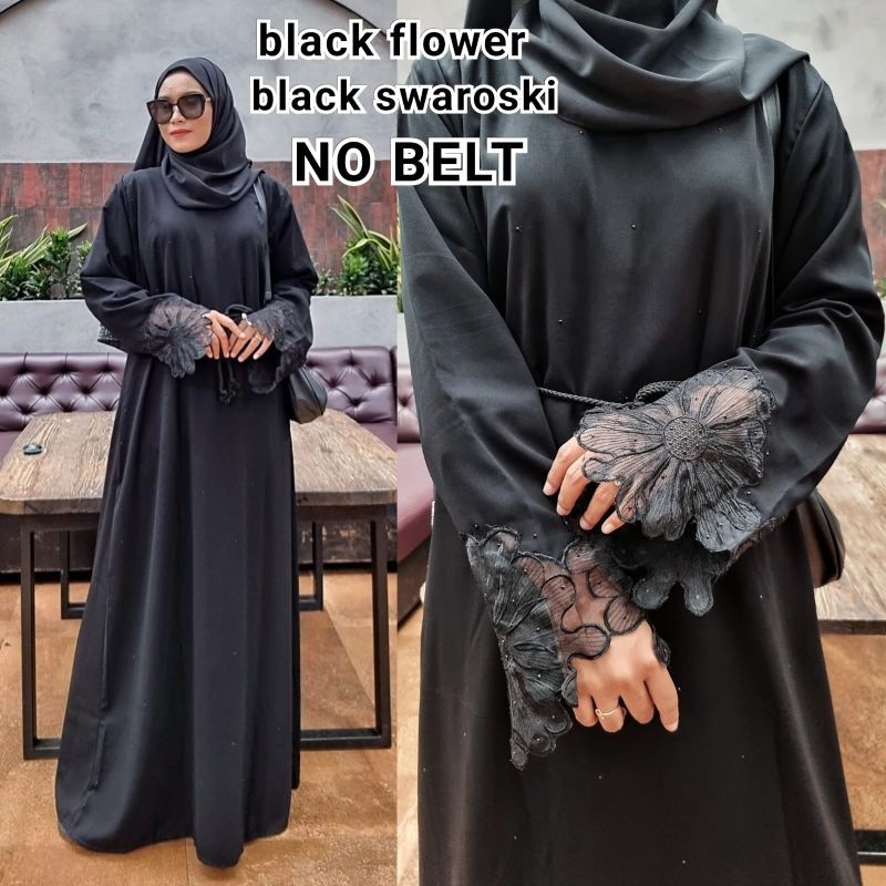 Abaya Gamis Hitam Maxy Dress brokat Bordir Fashion Muslim Arabian Busana Wanita Dubai Black Flower