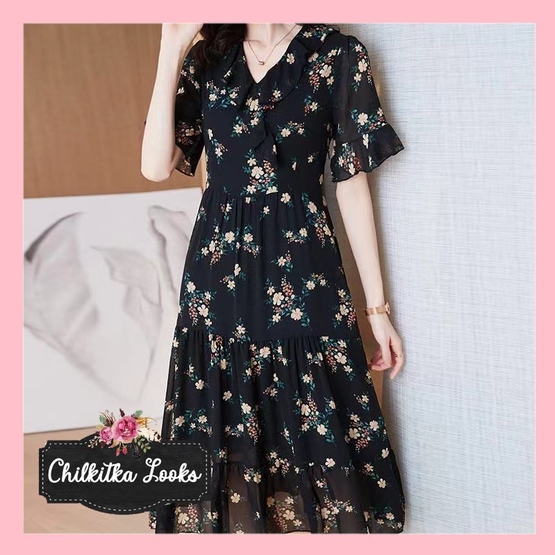CHILKITKA LOOKS KOREAN FASHION WANITA 2023 baru dress bunga korea gaun bunga v-neck rok midi tempera