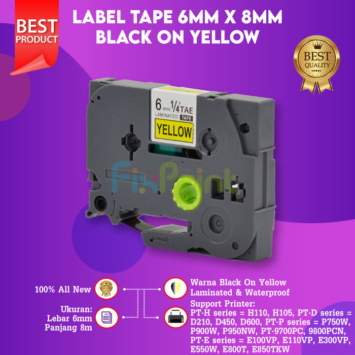 

Compatible Label Tape Laminated TZE-611 6mm X 8m Black On Yellow Cassette Printer Bro PT-580C PT-2730VP PT-D210 PT-D450 PT-E300 PT-P750W PT-9700PC PT-E300 PT-E550W PT-H105