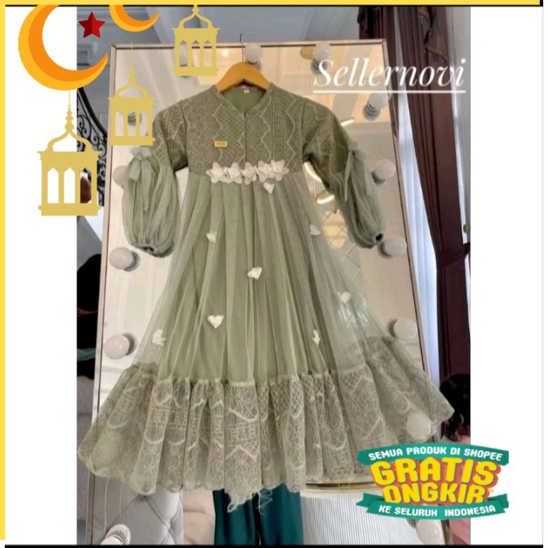 Gamis Anak Perempuan Inara Dress Bahan Brukat Tile Mix Bunga Umur 3-15 Tahun Terlaris 2023/Maron mer