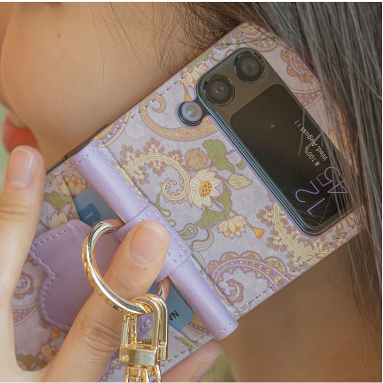 τ Korea Leather Samsung GALAXY {Z Flip 5}{Z Flip 4}{Z Flip 3} Phone Case Hand Strap Card Pocket Diar
