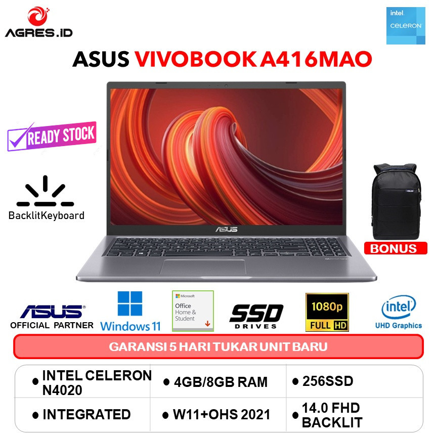 FROMO SPESIAL SHOP ASUS A416MAO FHD425 N4020 8GB 256SSD W11+OHS 14.0FHD