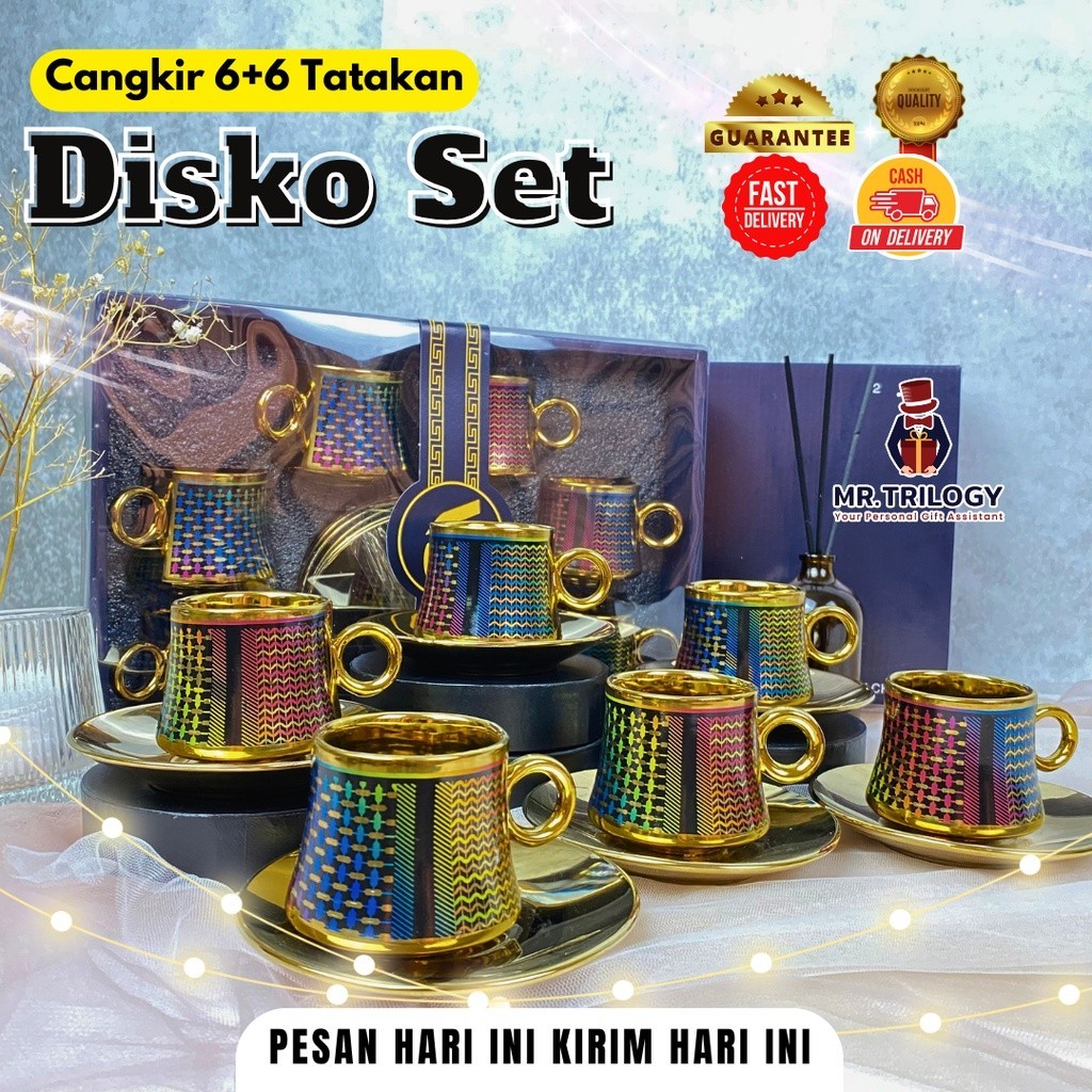 

Cangkir Set Tatakan Keramik DISKO Hampers Gelas Souvenir Mug Teh Kopi Gift Kado Wedding Birthday/ Baru Mewah