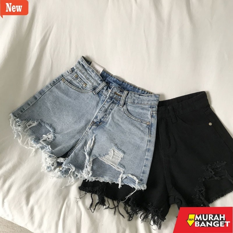 Celana pendek denim wanita- Hot Pants~ Korea Seksi Highwaist Celana Jaens Pendek Wanita Biru/Hitam/R