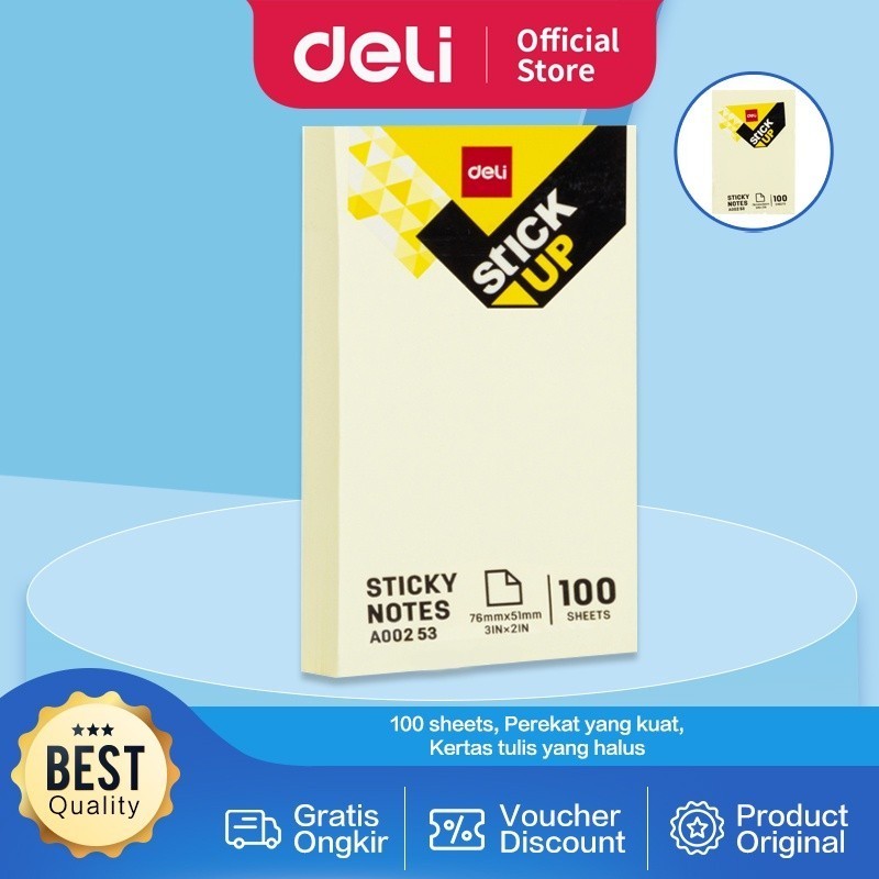 

Deli Memo tempel Sticky Notes 76 52mm 3"x 2" 100sheets Warna Kuning perekat kuat tahan lama EA00253