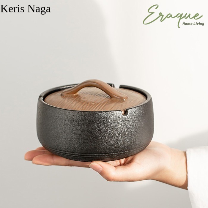 Dobu Ashtray / Asbak Tempat Abu Rokok Keramik Jepang Dengan Tutup Kayu LSF11