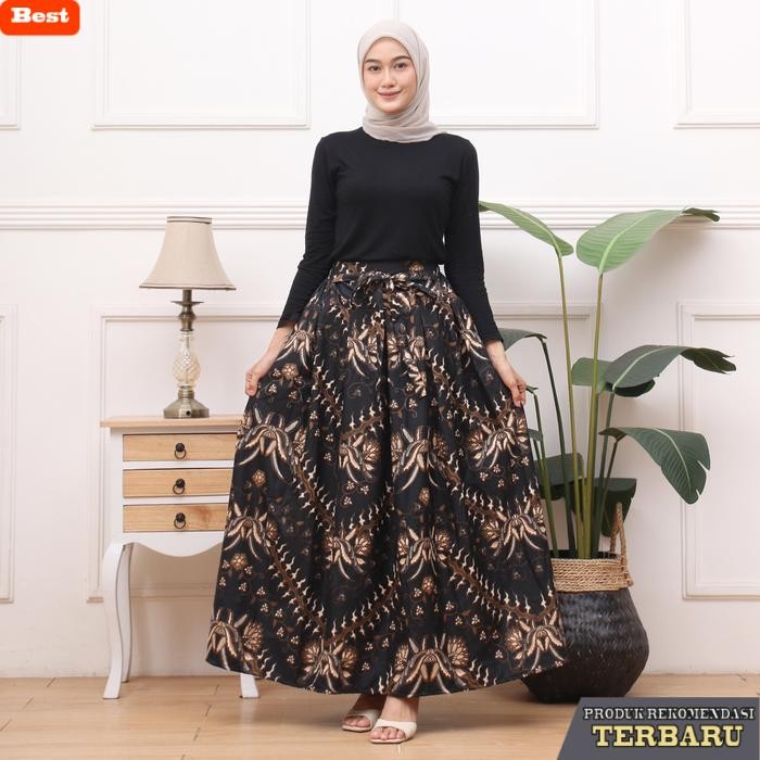 rok wanita kekinian OOTD - Rok Panjang Batik Premium Wanita Katun Muslim - Keris Hitam, ALL SIZE
