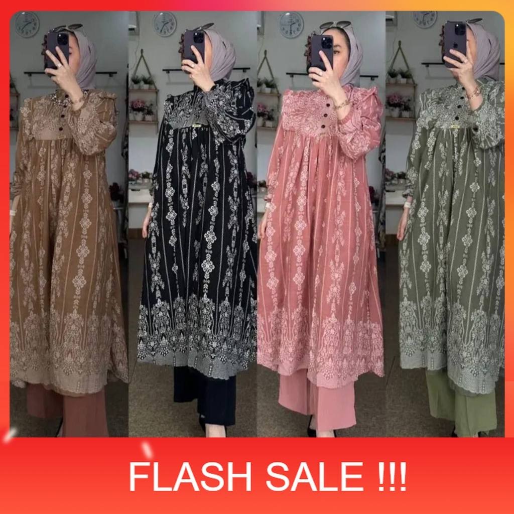 PROMO SETELAN MIDI KATUN DESTINA BUSUI / ONESET SETELAN TUNIK CRINKLE PREMIUM MOTIF / ONESET LONG TU