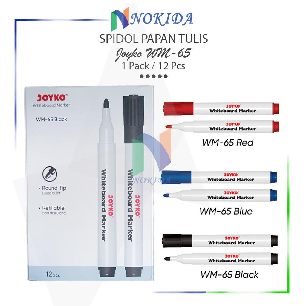 

Nokida Spidol Papan Tulis Joyko WM-65 [12 Pcs] / Sepidol Non Permanent 1 Pack / Penanda White Board Warna Hitam Merah Biru Bisa di Hapus 1 Pak