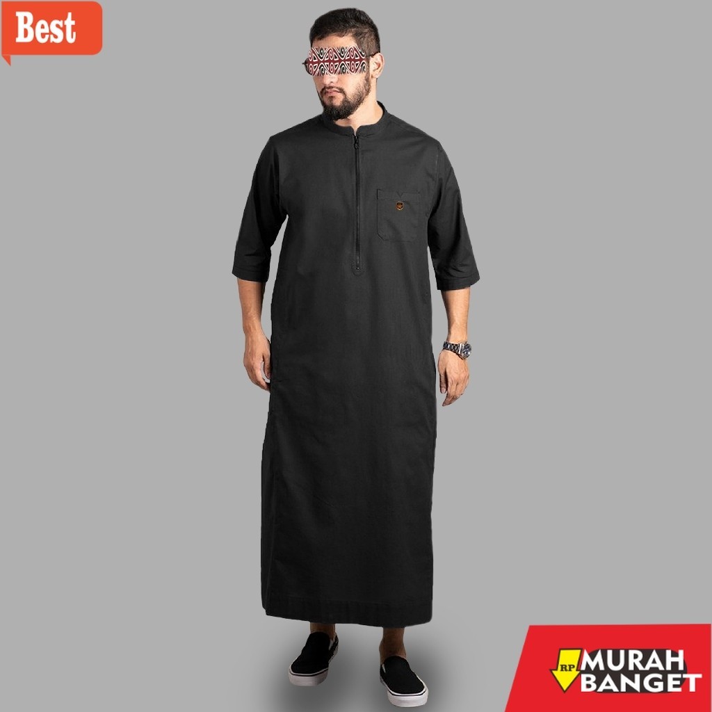 Baju timur tengah pria- Jubah Gamis Pria Polos Hitam  - gamis pria lengan pendek - Gratis Peci Rajut