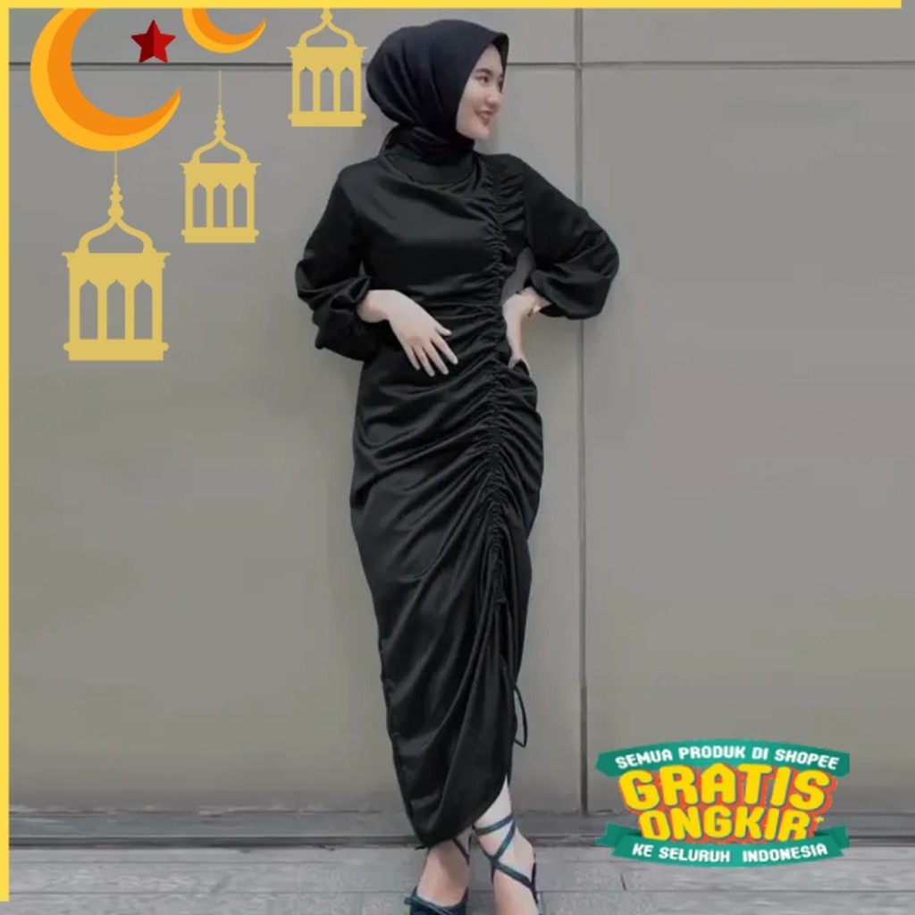 Dress Satin Wanita Outfit Kondangan Baju Dress Wanita Maxi Korean Style Dress Serut Lengan Panjang D