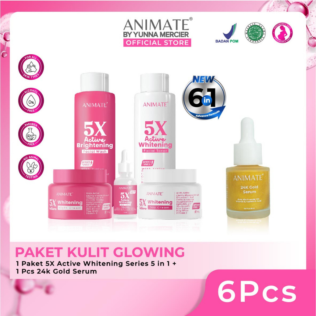 Paket Kulit Glowing (Animate 5x Active Whitening Series 5in1 + 24K Gold Serum)..