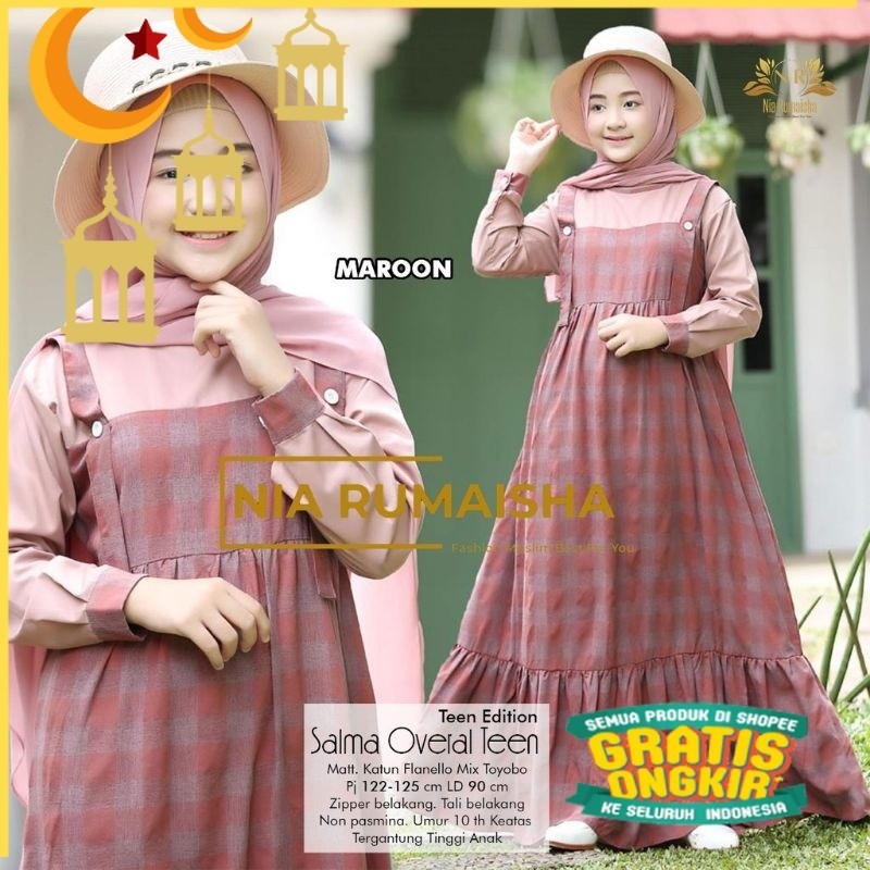 Salma Kids Gamis Overal Anak Teen Remaja Original By Nia Rumaisha Orinaura/Maron merah bata red anak