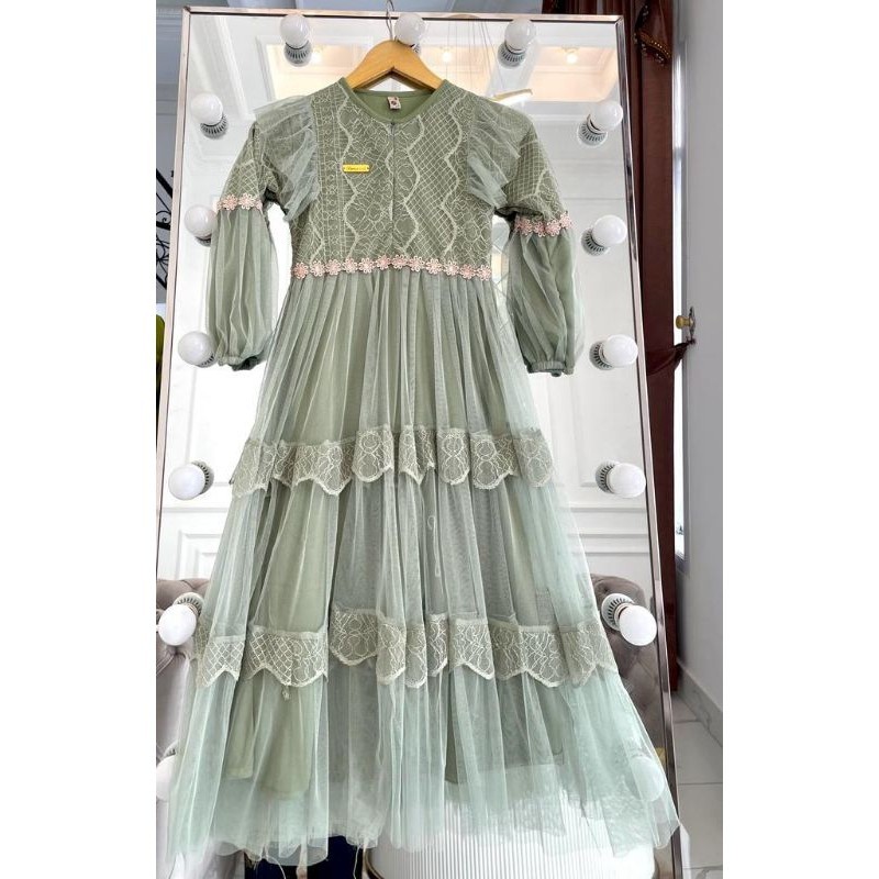 Gamis Pesta Anak Perempuan mutiara inara Dress Bahan Brukat mix Tille/Maron merah bata red anak tang