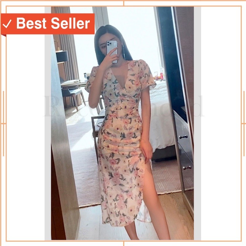 Keren Vintage Dress Wanita Kekinian Murah / D0339 MERCY KOREAN STYLE FLORAL VINTAGE MIDI DRESS SEXY 