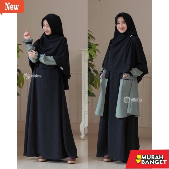 Gamis terbaru- Gamis  Elbina Set Gamis + Outer + Khimar| Pasmhina Bisa COD |  | Size S M L XL | Baha