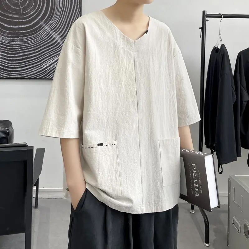 Kaos lengan pendek musim panas pria musim panas bagian tipis setelan Tang lengan pendek gaya Cina lo