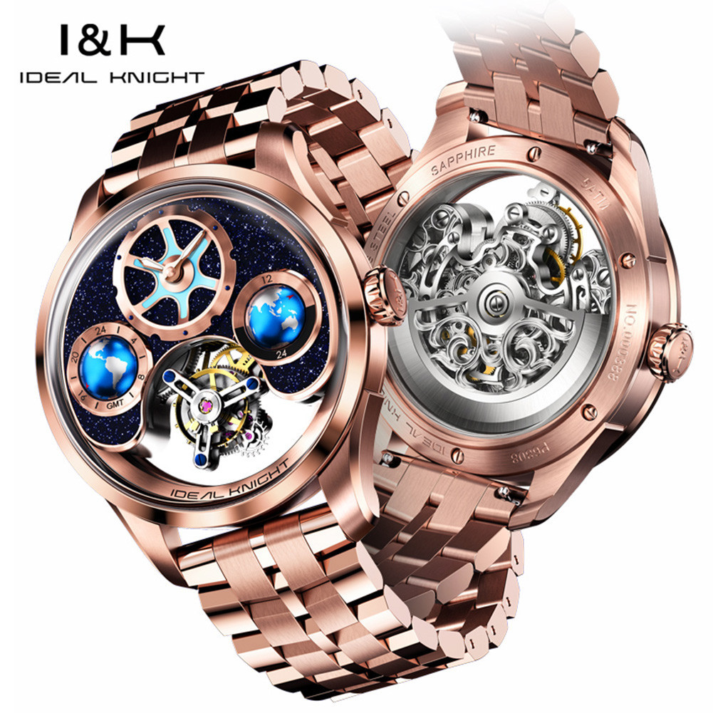 I & K Jam Tangan Mekanis Otomatis Pria Arloji Kelas Atas 6808 316L Baja Tahan Karat GMT Tourbillon u